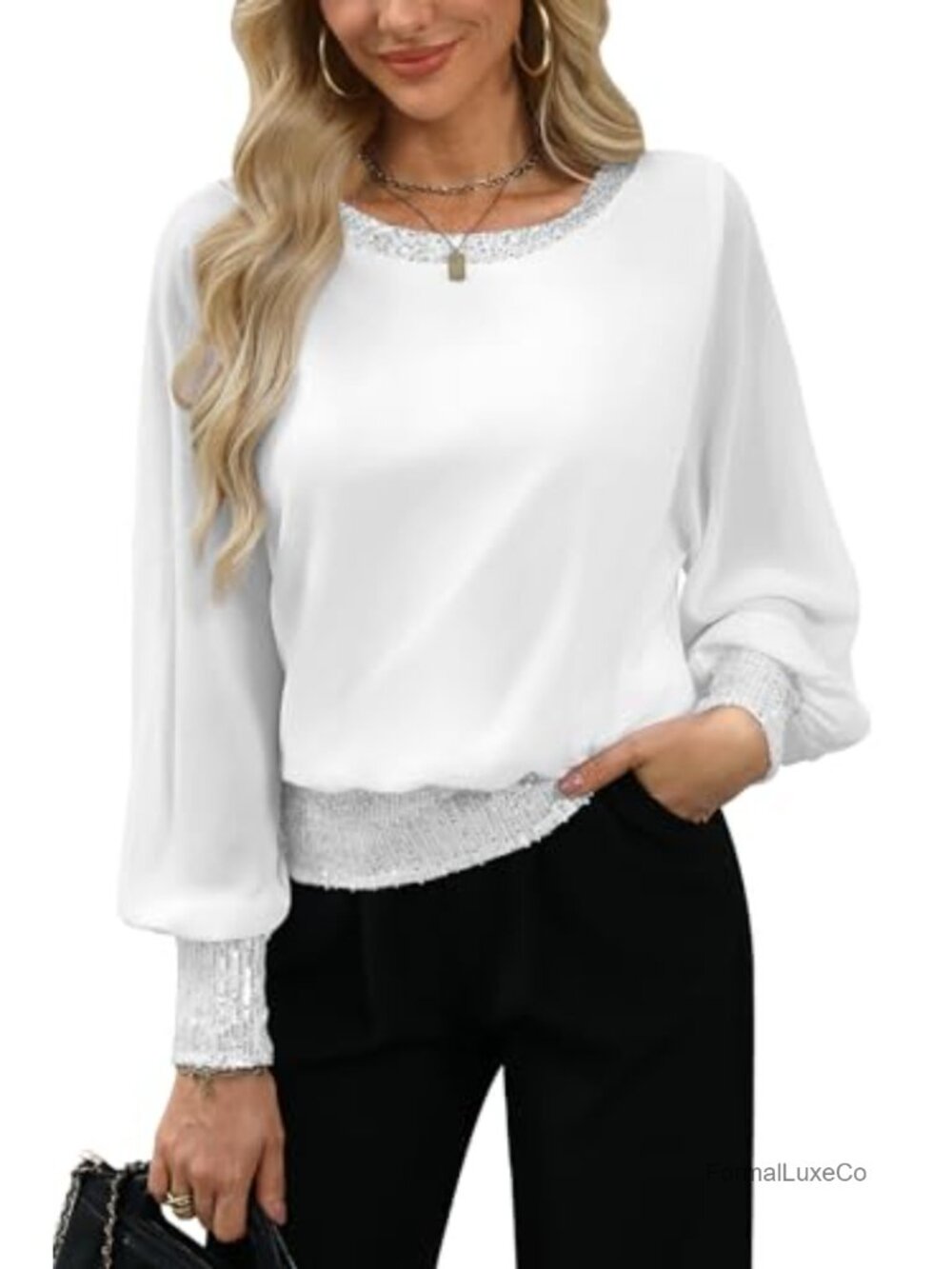 Sequin Formal Wedding Top Cocktail Party Blouse Long Sleeve